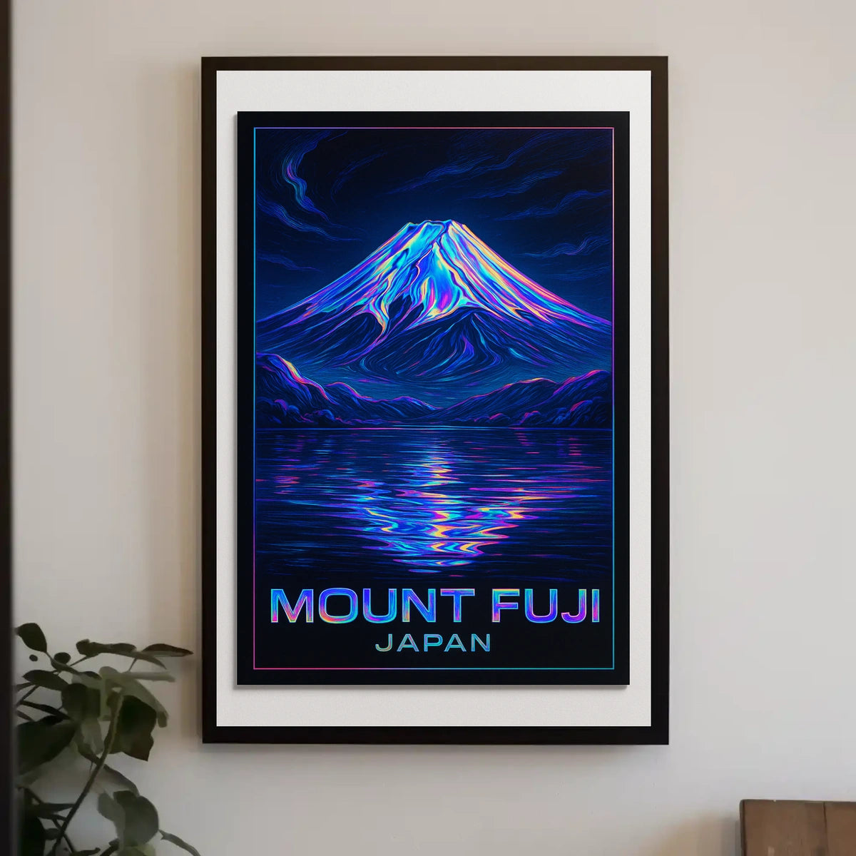 Mount Fuji Neon Reflections Iridescent Futuristic SciFi Vaporwave Dreamscape Poster
