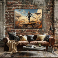 Surreal Suit Man on Broken Platforms Artistic Poster