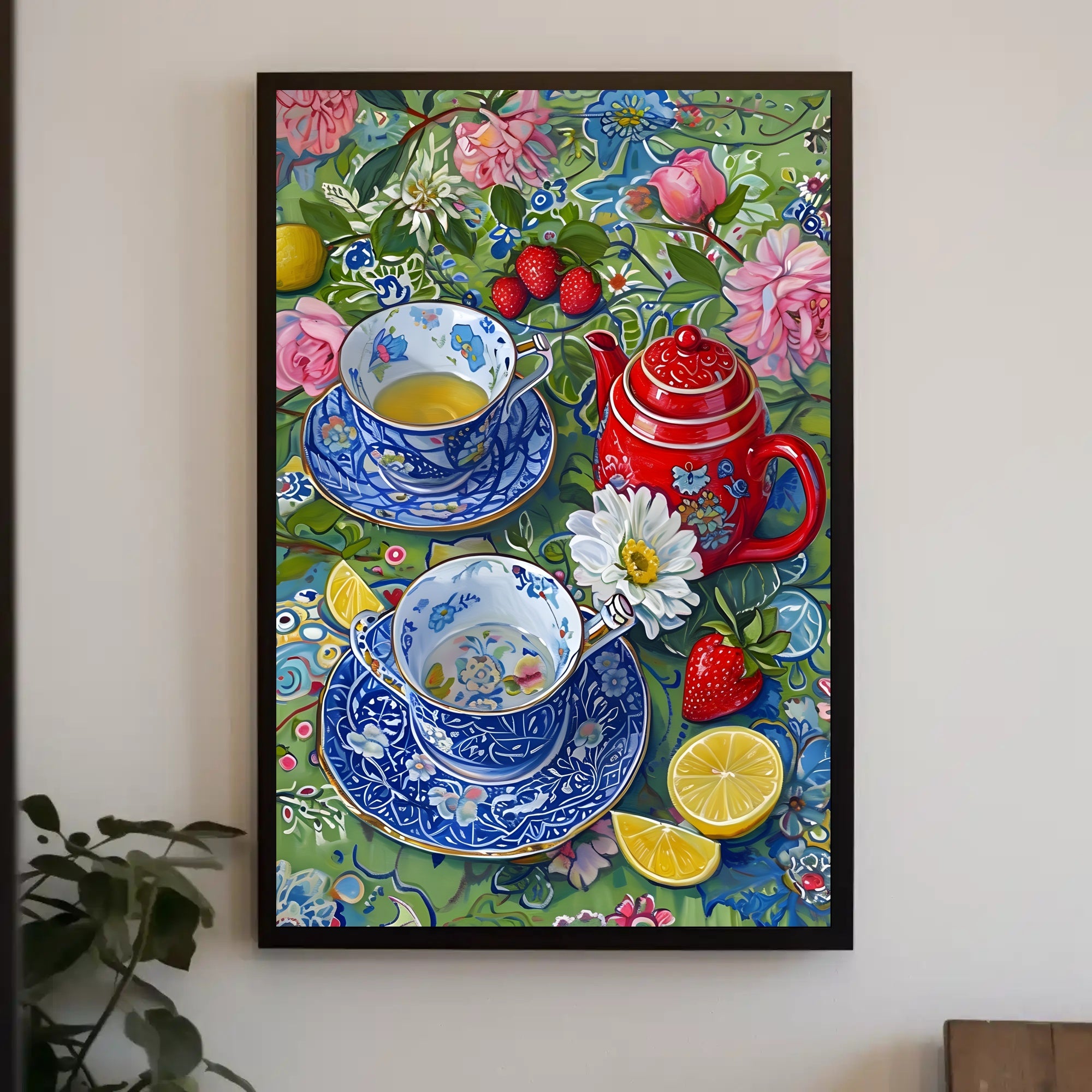 Vibrant Floral Tea Scene Poster with Artistic Poster PosterGoat