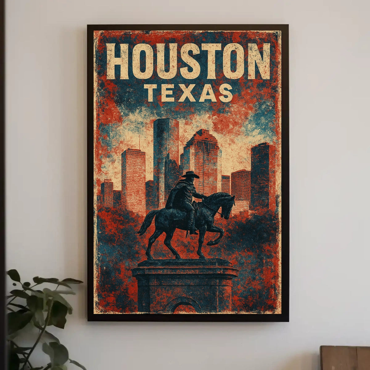 Patriotic Houston Skyline Cowboy Vintage Cityscape Poster