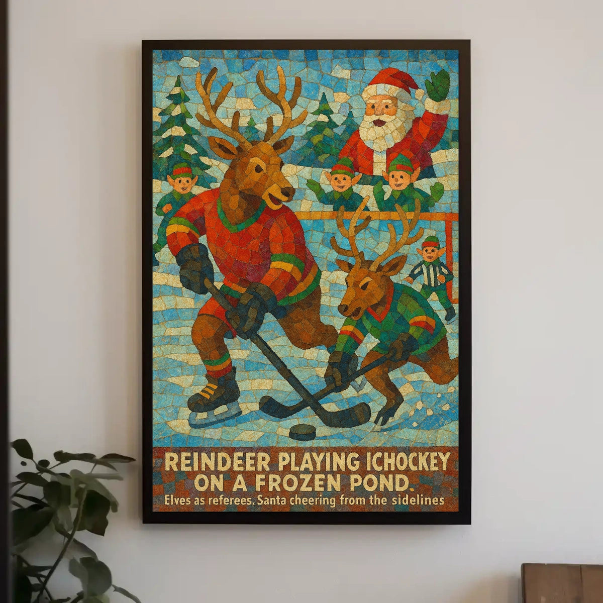 Whimsical Reindeer Ice Hockey Christmas Art Poster