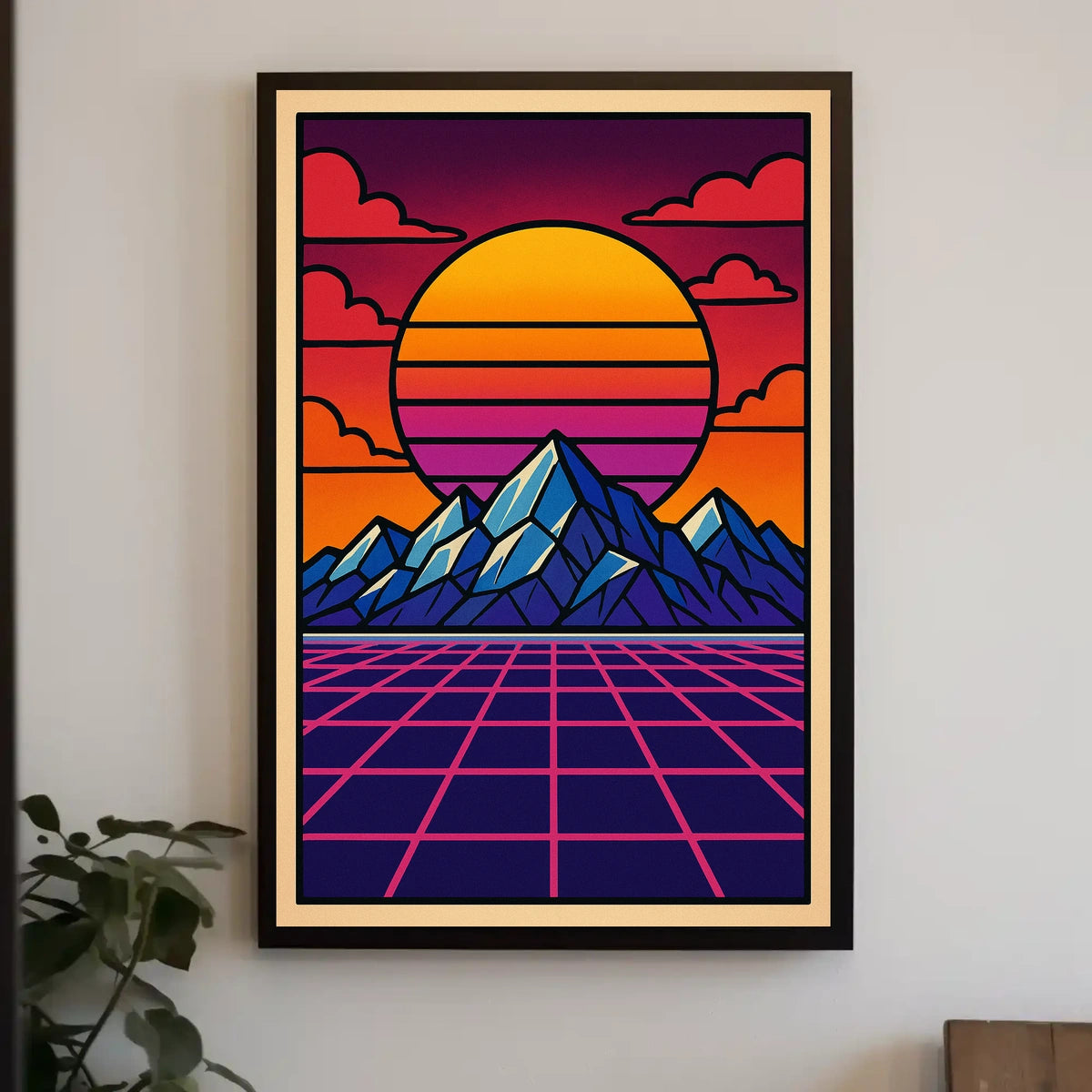 Vibrant Retro-Inspired Mountainscape Poster with Futuristic Sci-Fi Elements