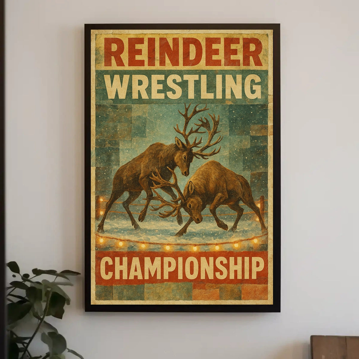 Reindeer Wrestling Retro Print: Vintage Sports Poster