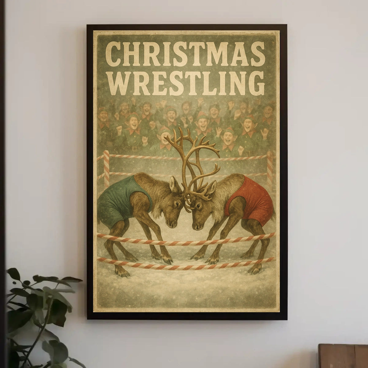 Christmas Wrestling Reindeer Vintage Holiday Poster Print