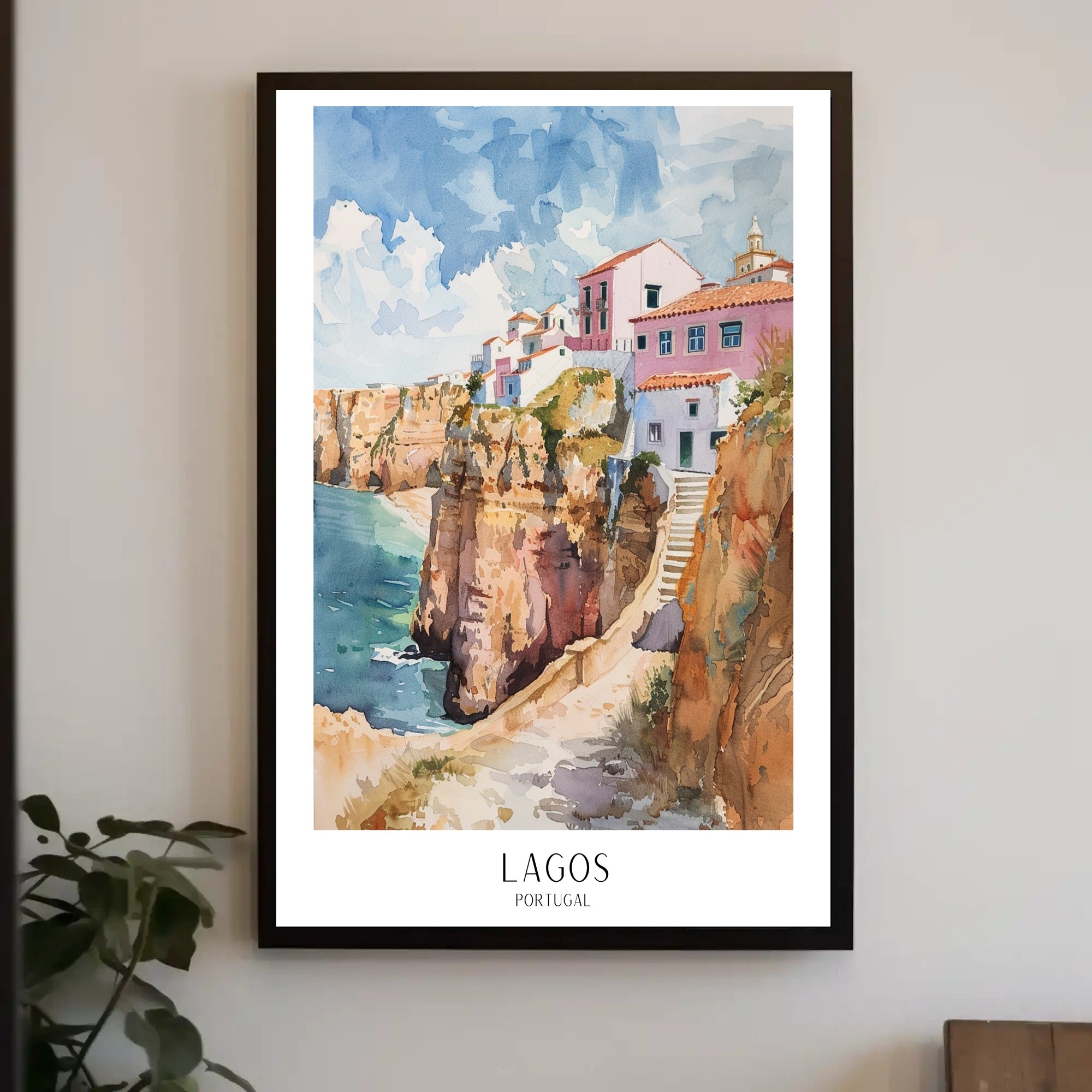 Vibrant Lagos Coastal Scene Watercolor Travel Poster PosterGoat