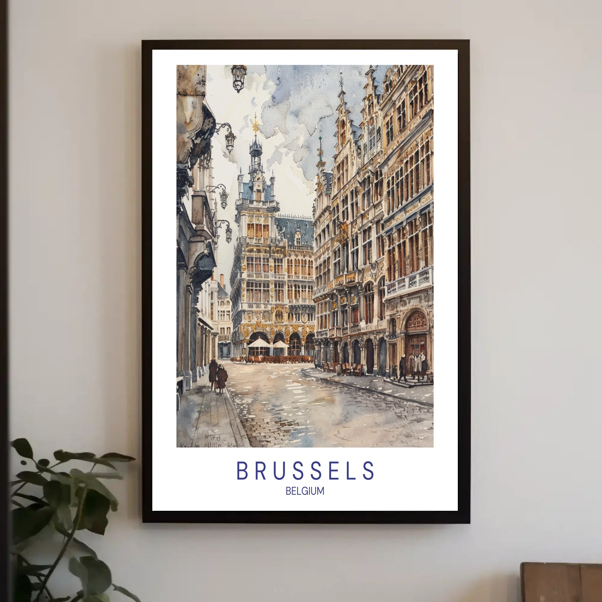 Charming Brussels Street Scene, Watercolor Urban or Cityscape Poster PosterGoat