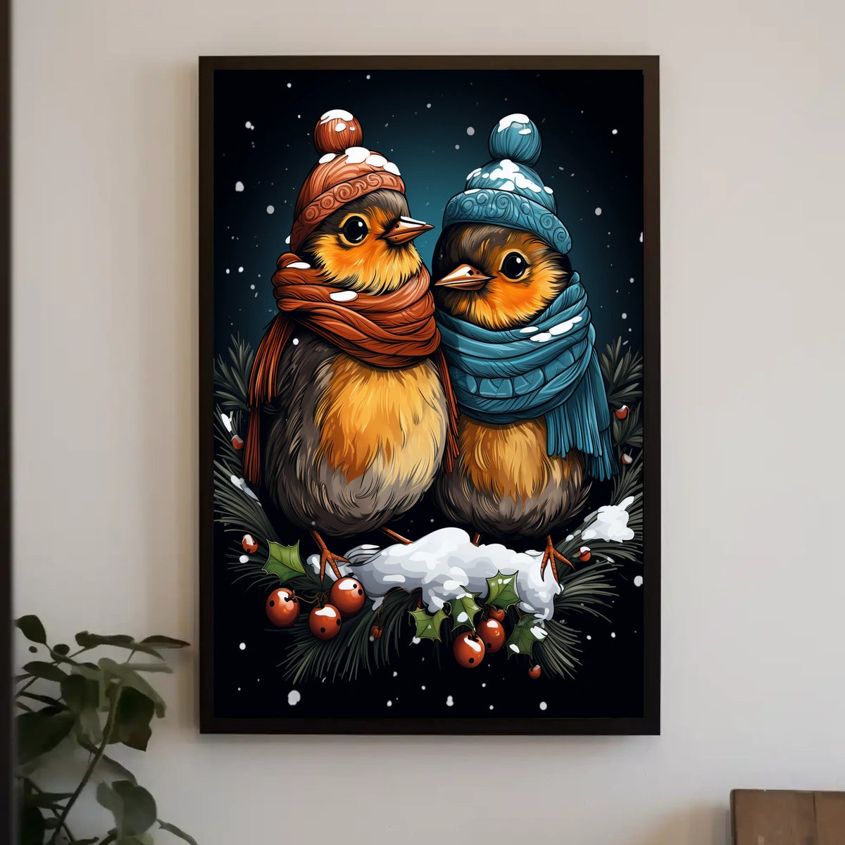 Winter Wonderland Companions Birds Knitwear Folk Art Whimsical Seasonal Decor Cozy Holiday Poster