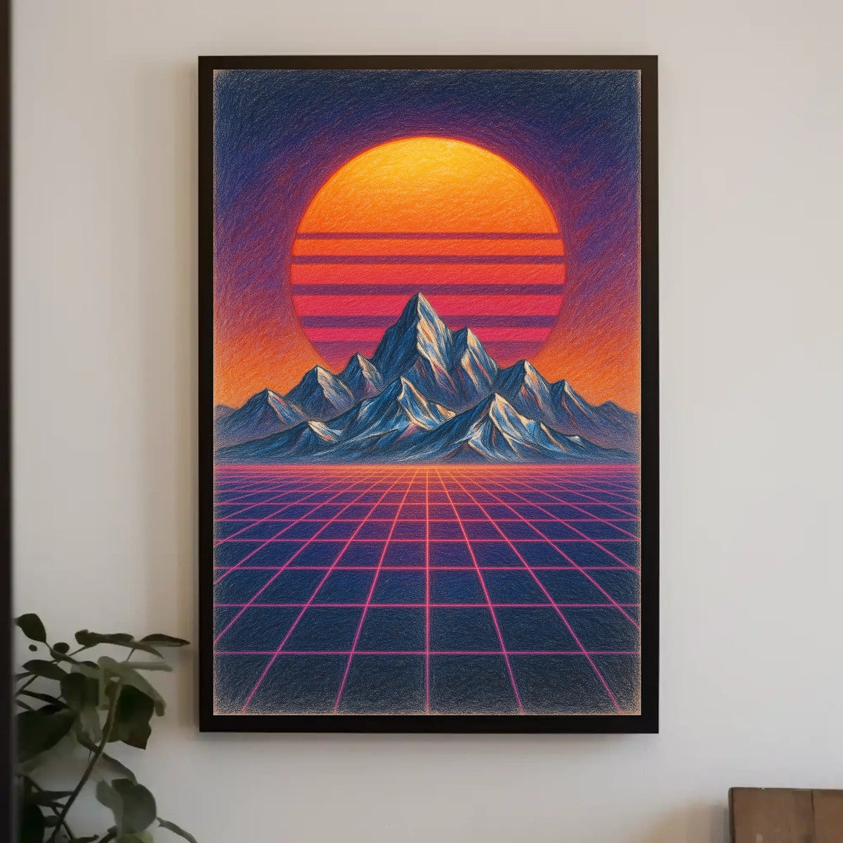 Retro Synthwave Mountain Landscape: Futuristic Sci-Fi Poster