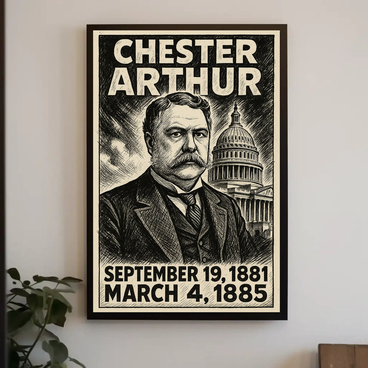 Chester A. Arthur 21st President of the United States B & W Comic Sketch Poster