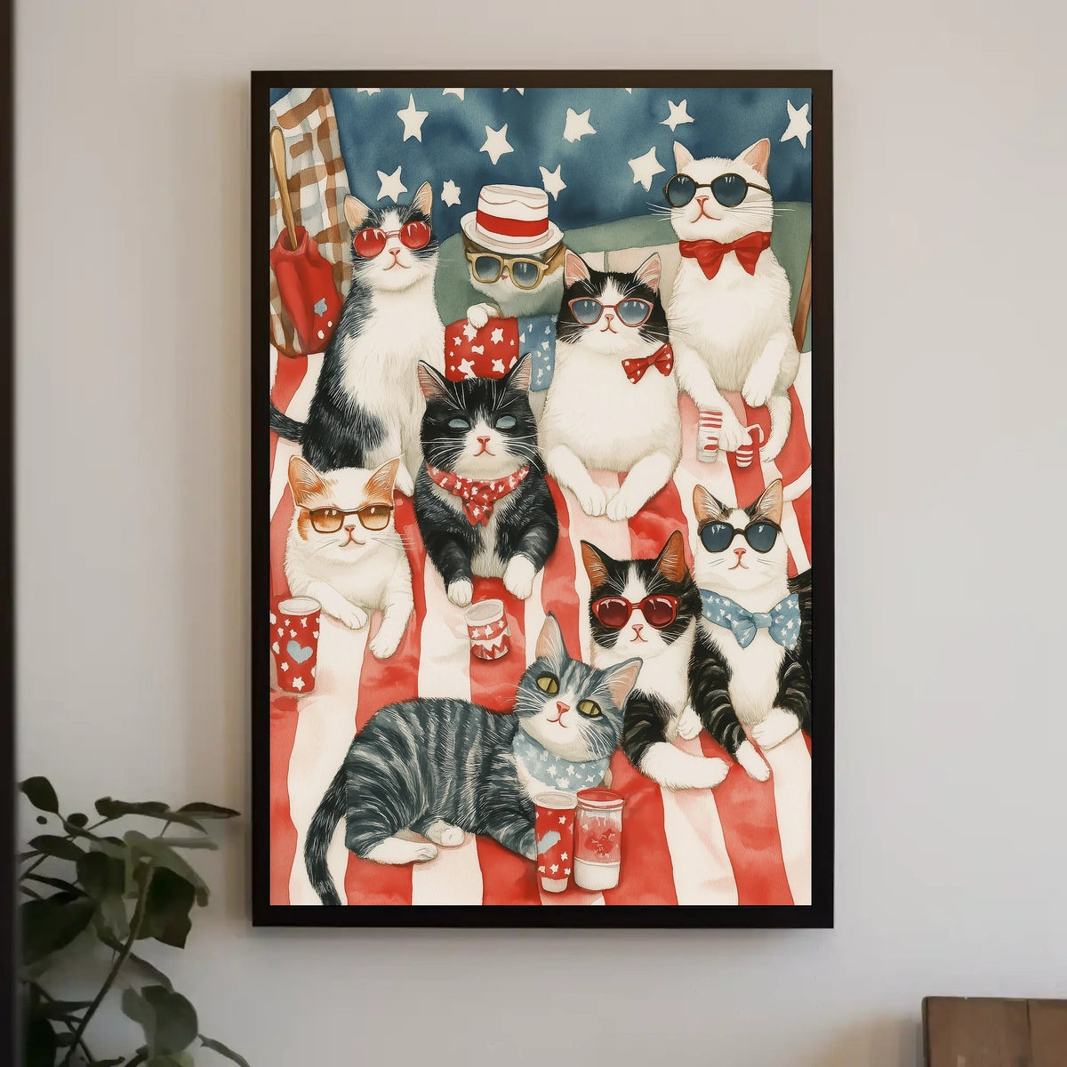Colorful Patriotic Cats On Picnic Blanket Art Poster