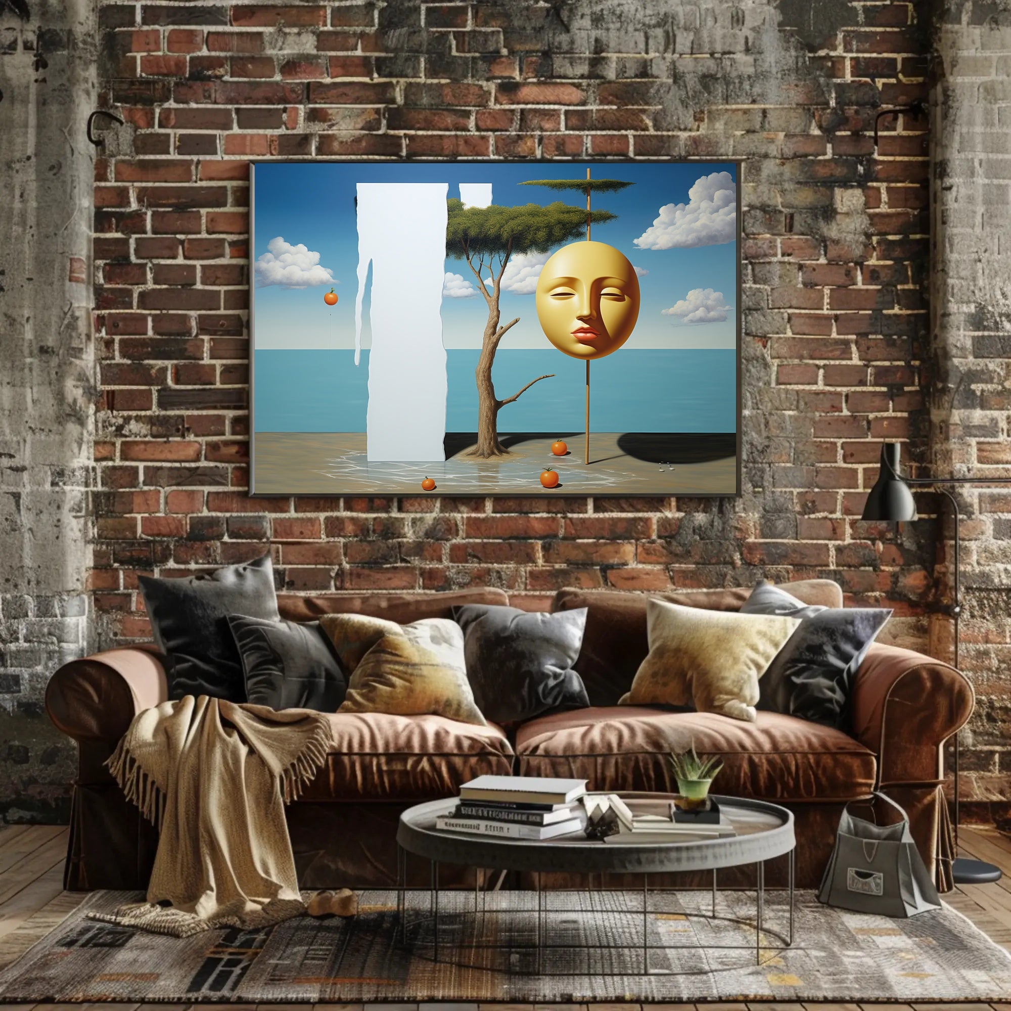 Surreal Coastal Dreamscape with Golden Mask Artistic Poster