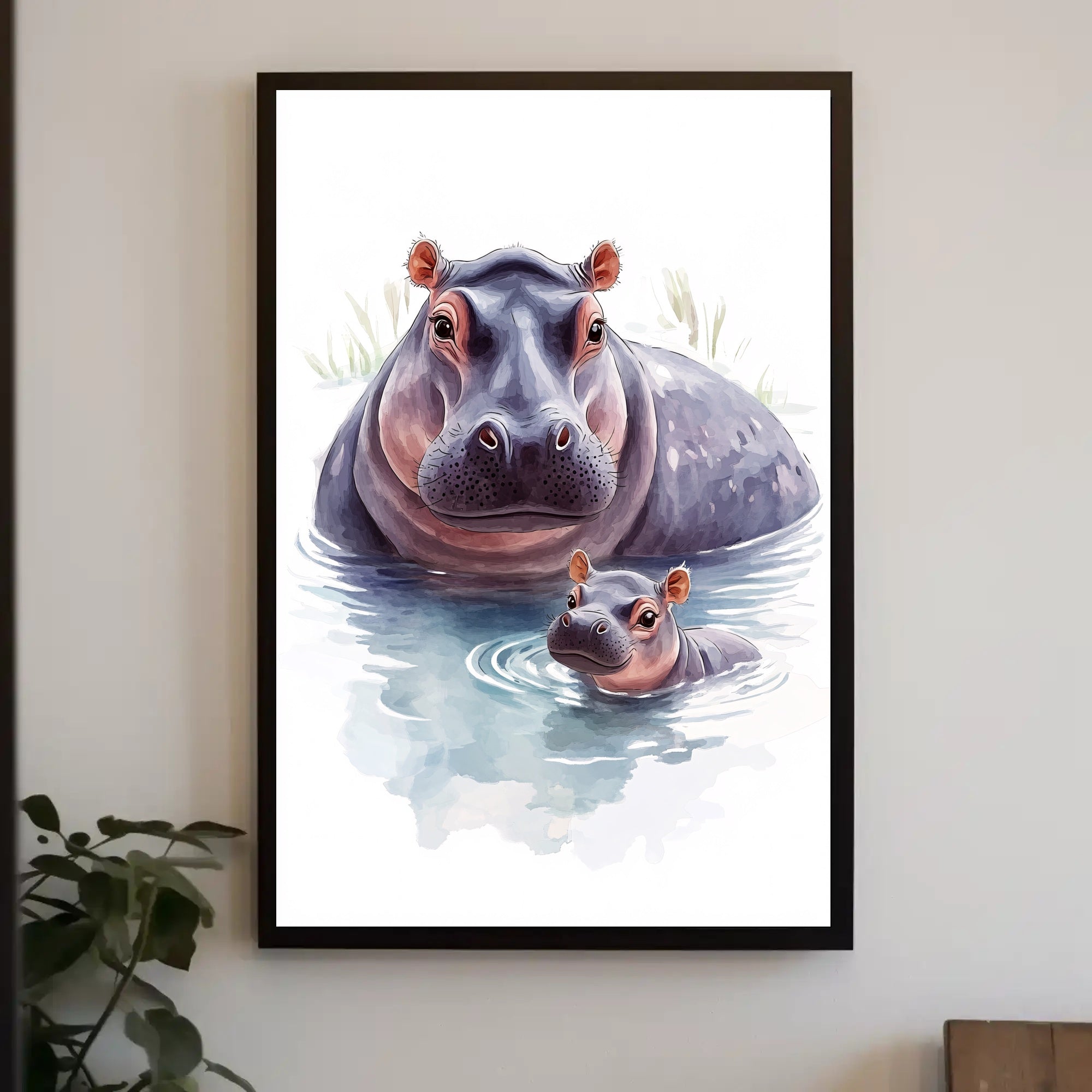 Mother and Baby Hippopotamus Digital Animal Poster