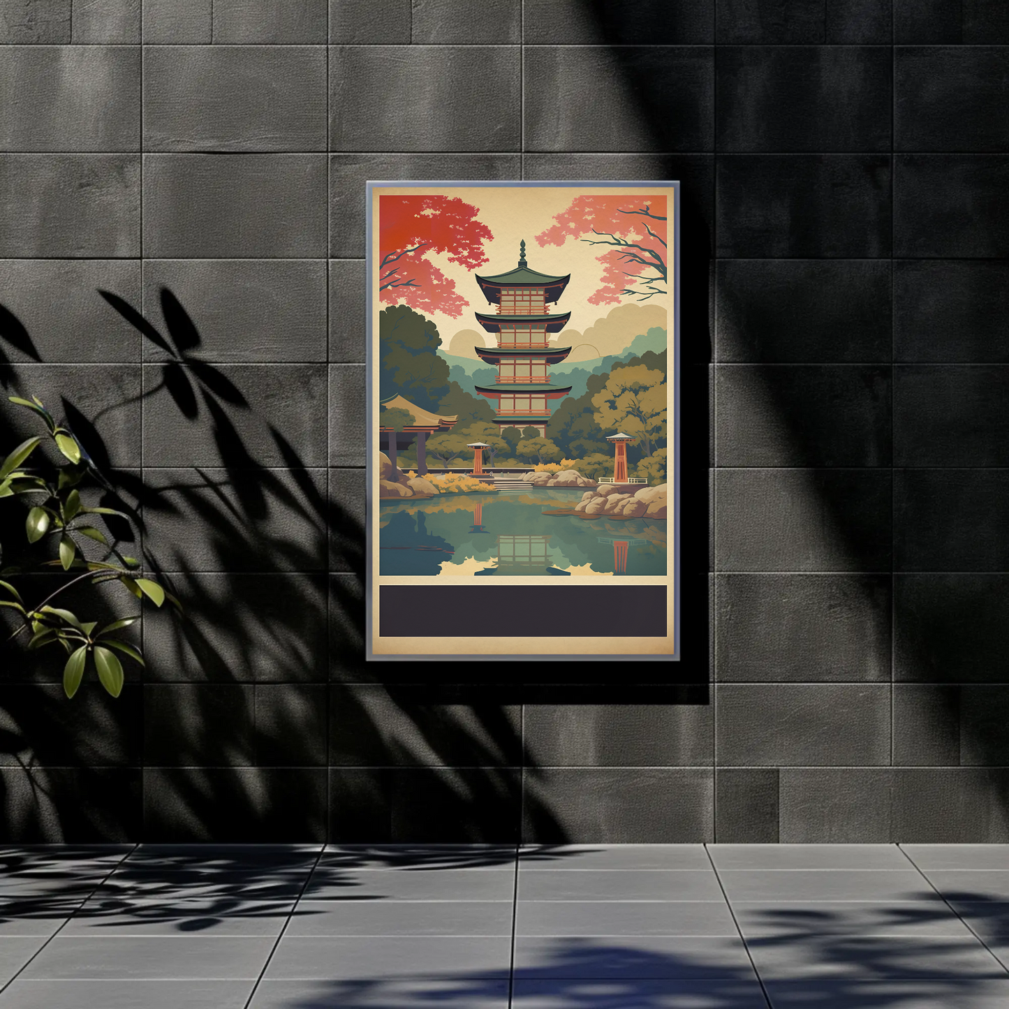 Japan Reflection Pagoda Lake Autumn Vintage Travel Poster