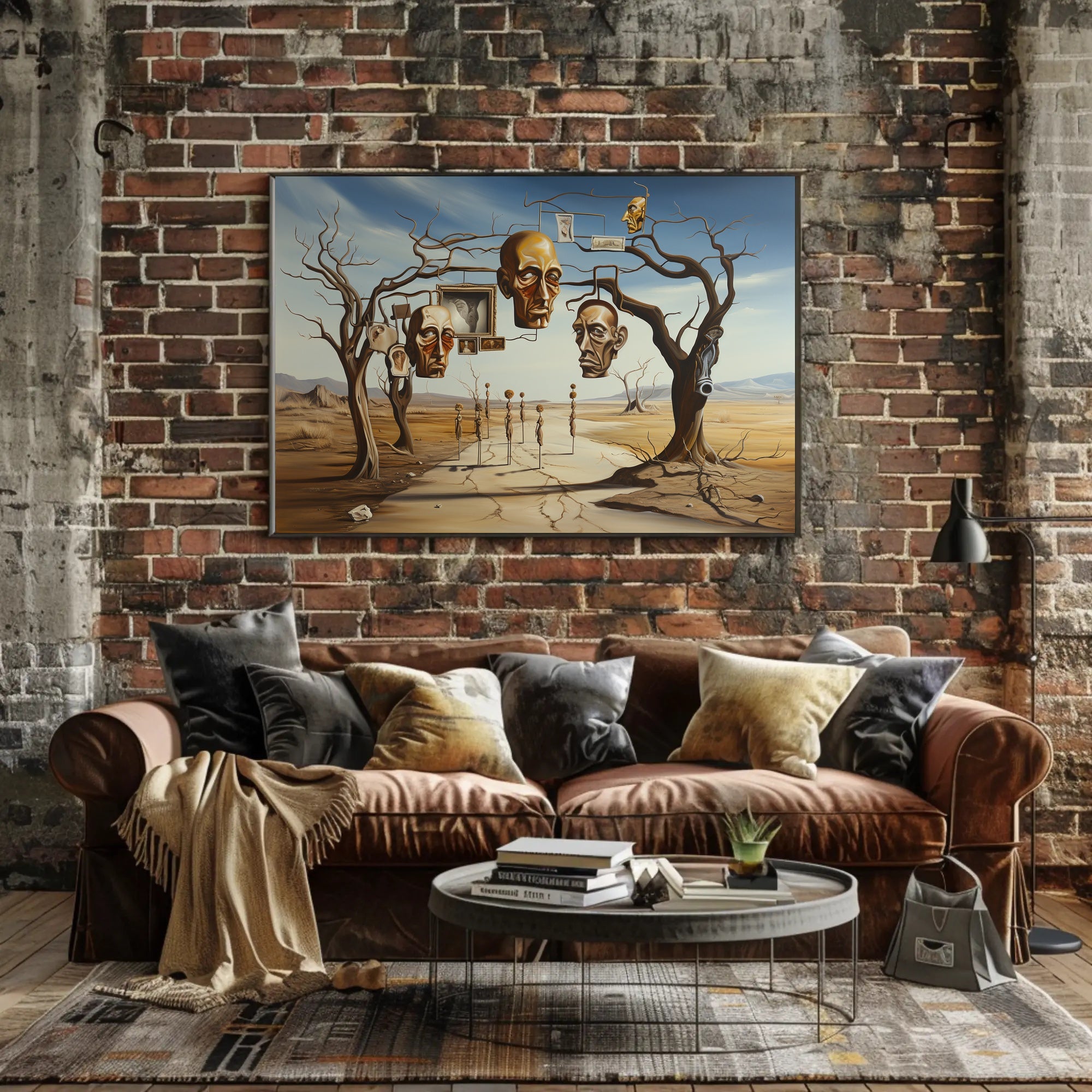 Surreal Desertscape with Floating Bronze Heads Artistic Poster