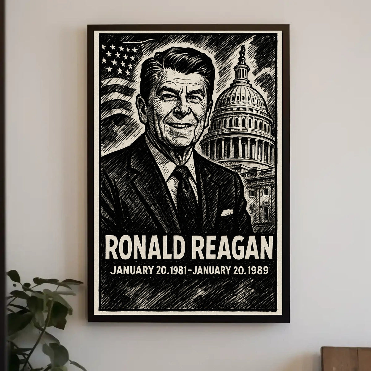 Ronald Reagan 40th President of the United States B & W Comic Sketch Poster