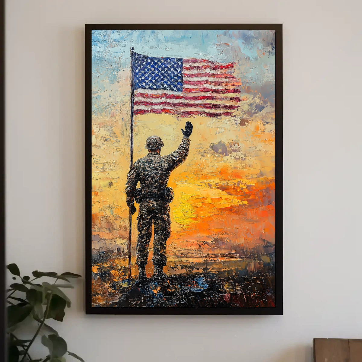 soldier saluting the American flag at sunrise Poster
