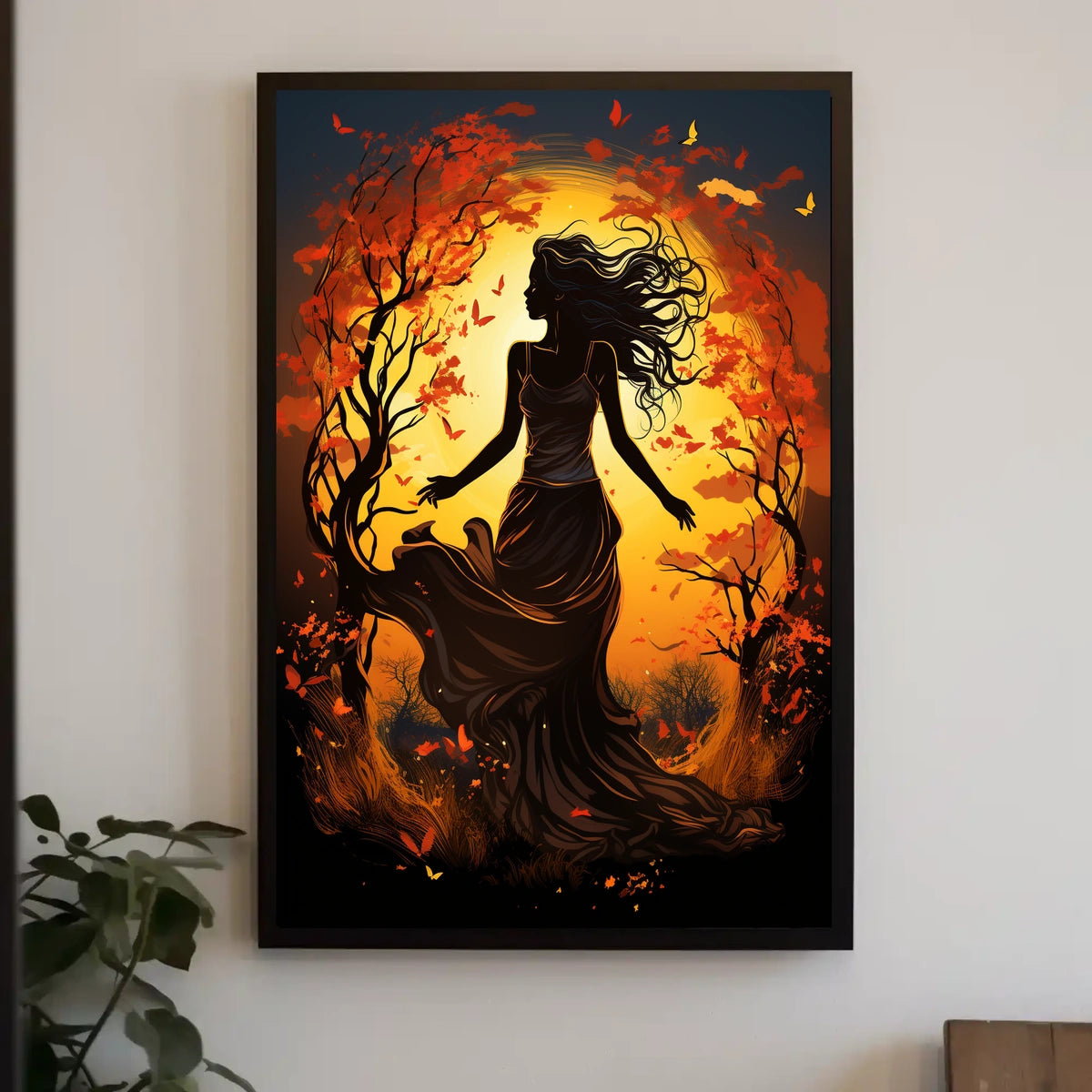 Autumn Dance: Silhouetted Woman in Vibrant Landscape
