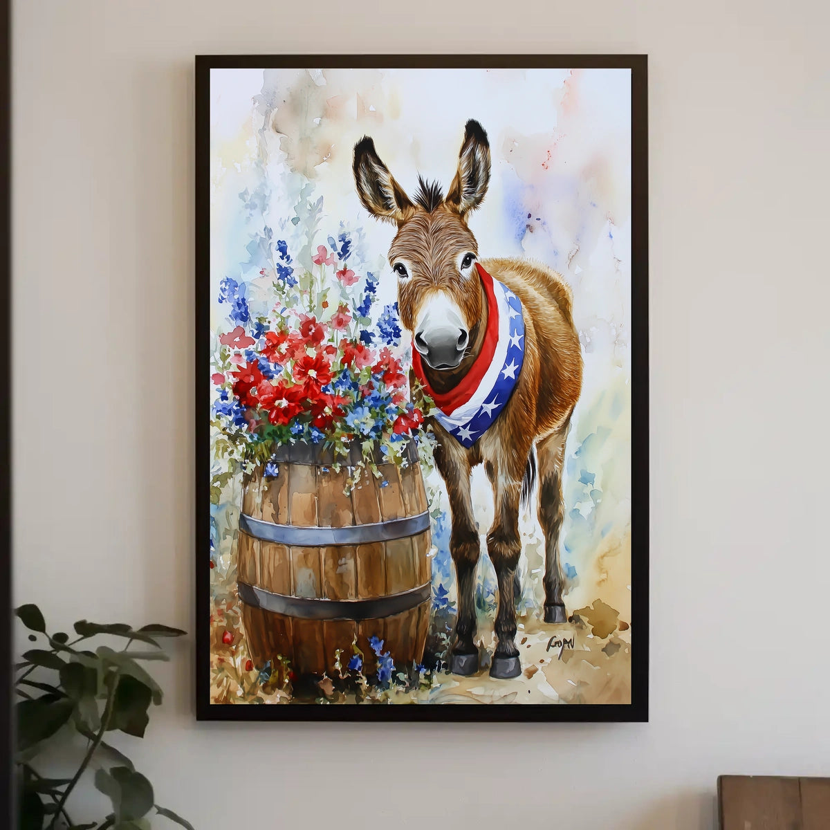 Cheerful Donkey Standing Beside Wooden Barrel Poster