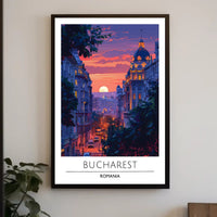 Bucharest Evening Street Scene at Sunset Travel Poster