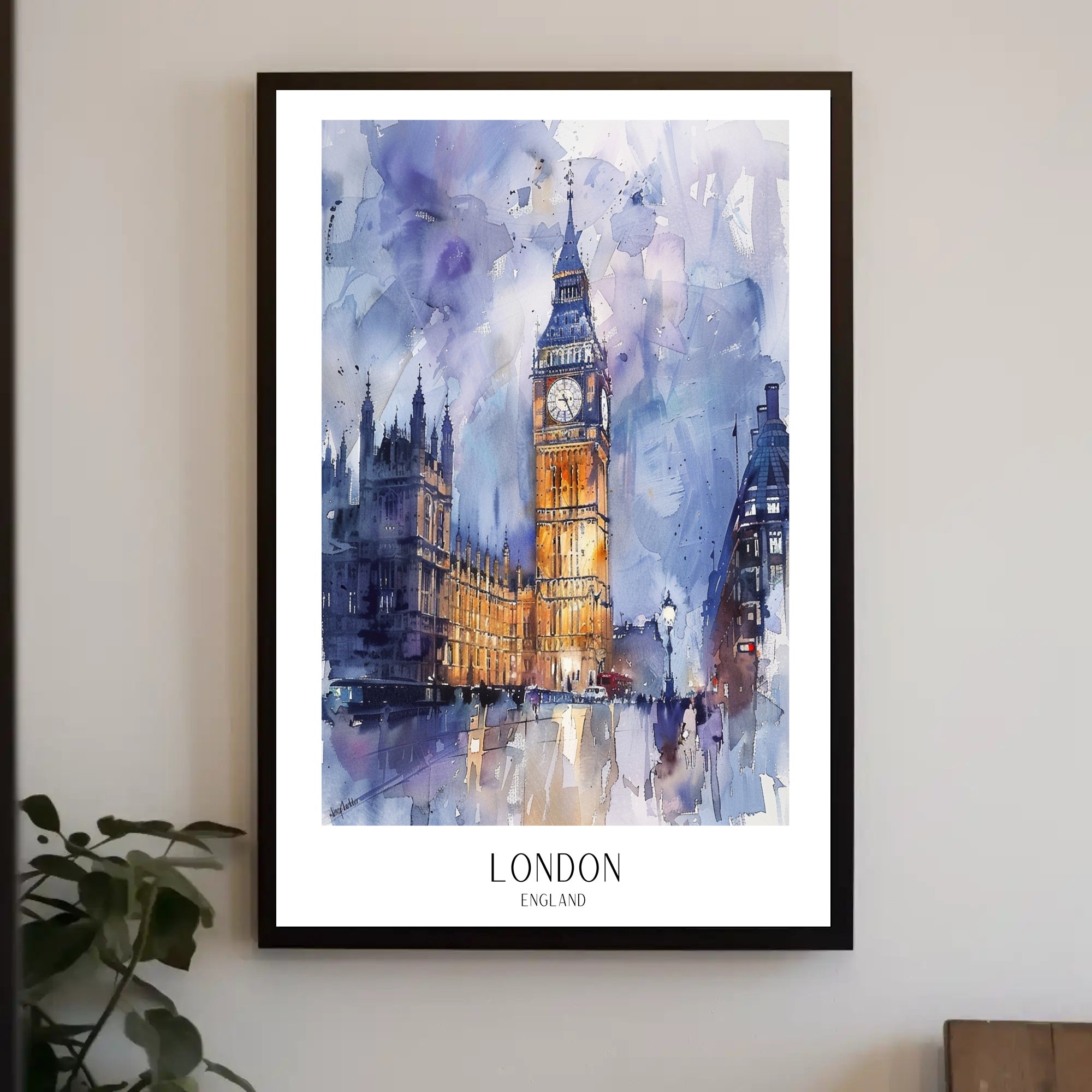 London Watercolor Cityscape: Big Ben & Parliament Travel Poster PosterGoat