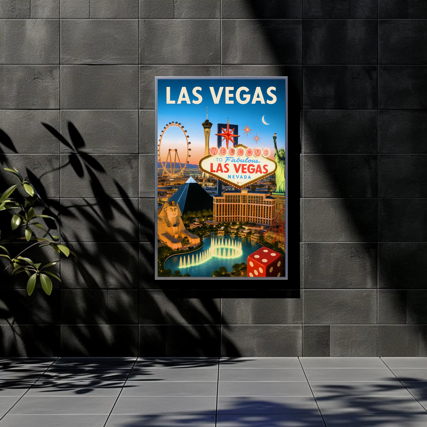 Las Vegas Iconic Landmarks Night Lights Vintage Travel Poster