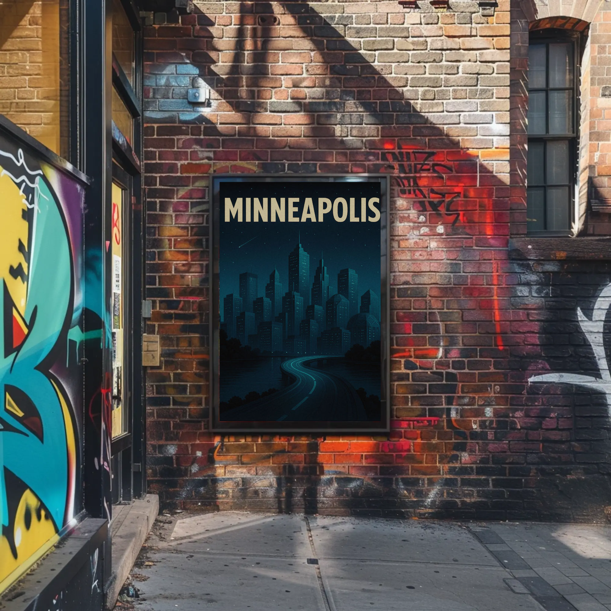 Minneapolis Night Skyline Blue Tones Vintage Travel Poster