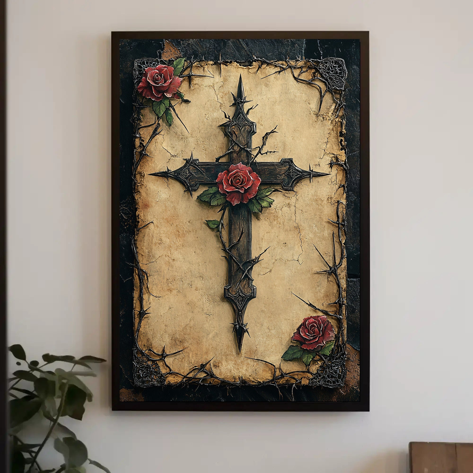 Thorned Cross And Roses Poster