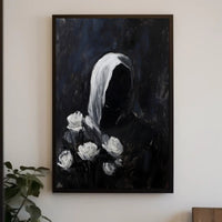 Cloaked Figure with Roses Abstract Artistic Poster PosterGoat