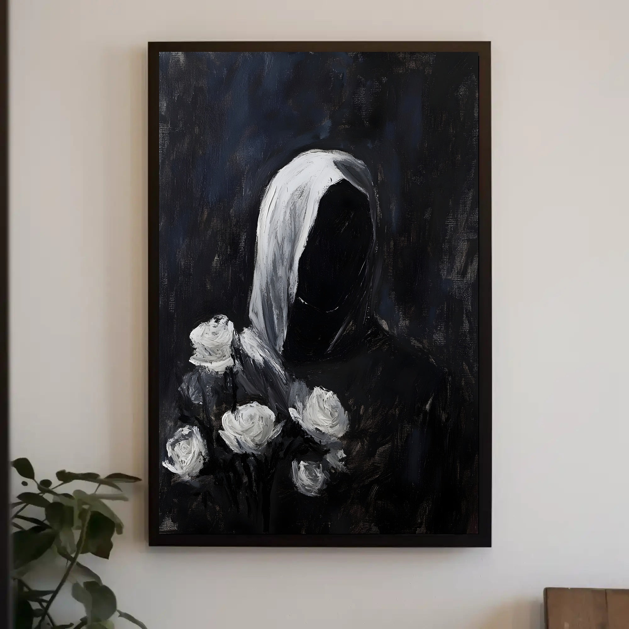 Cloaked Figure with Roses Abstract Artistic Poster PosterGoat