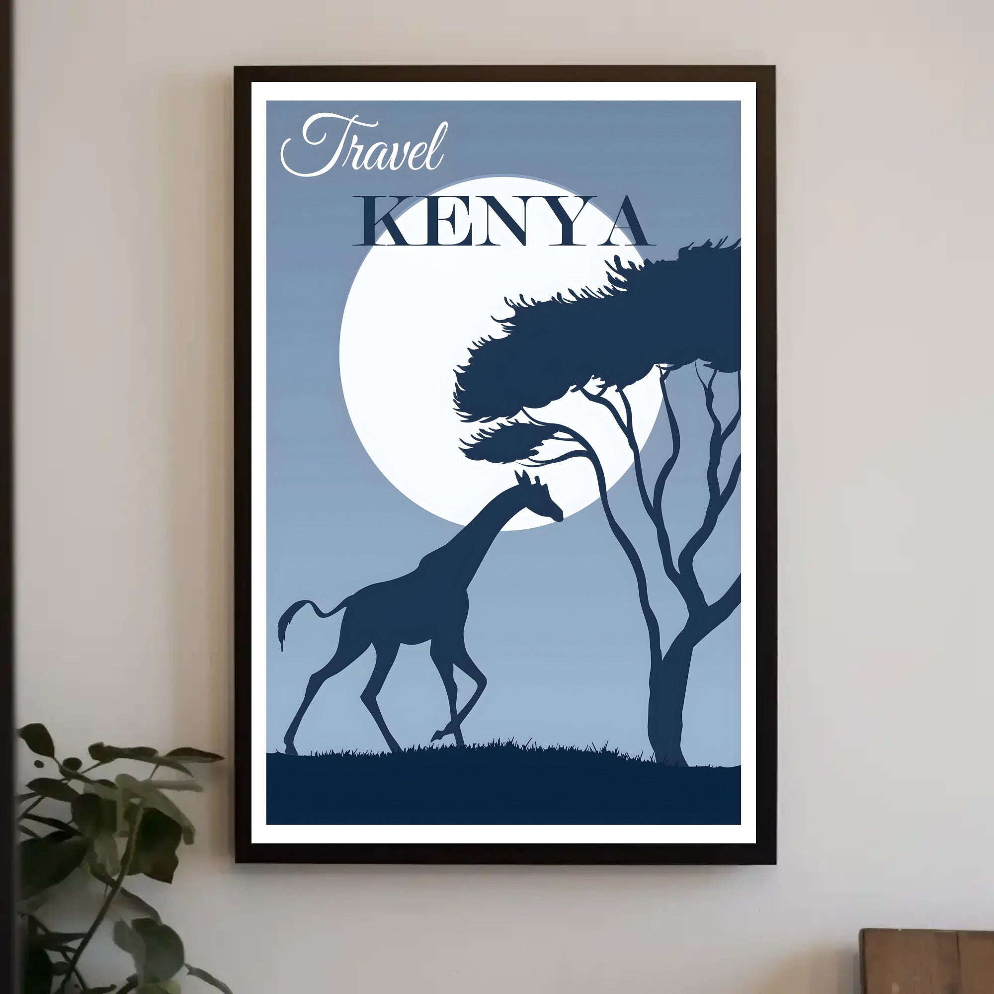 Kenya Sunset Silhouette: Giraffe at Moonrise Travel Poster