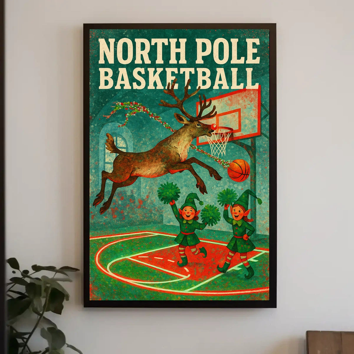 Whimsical Reindeer Dunk with Elves Sports Poster