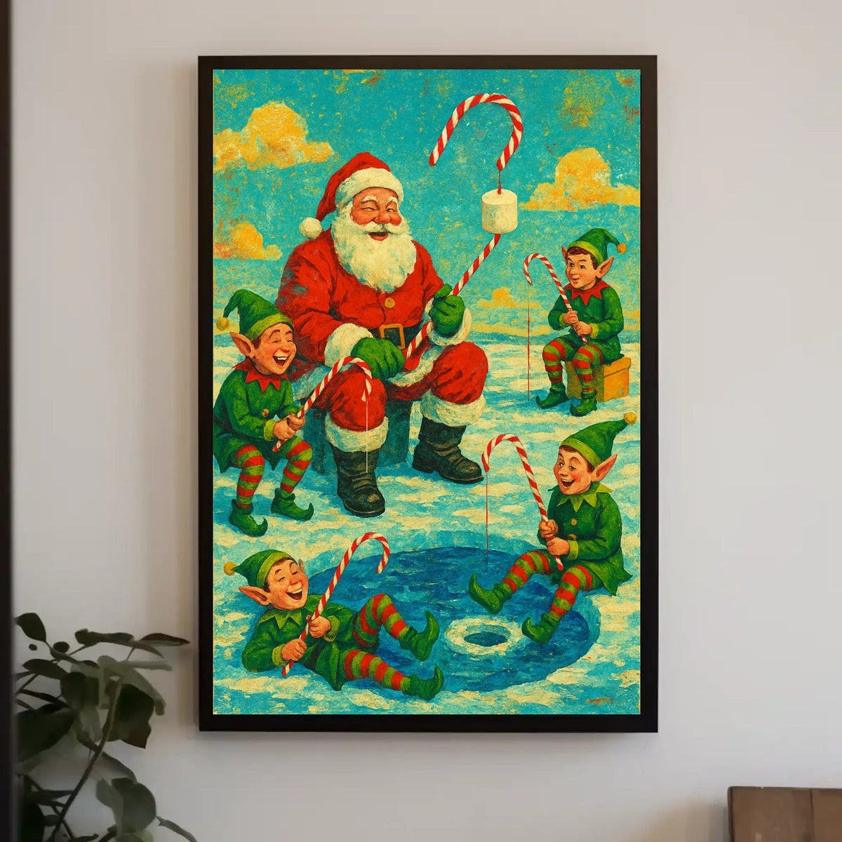 Festive Santa and Elves Vintage Christmas Artistic Poster