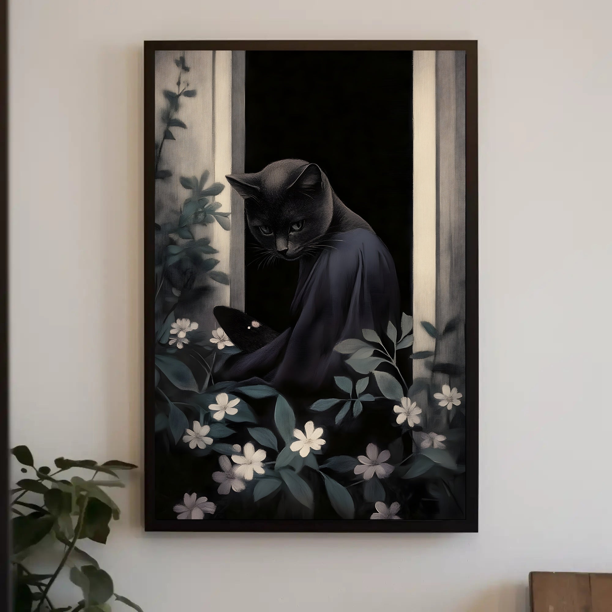 Mysterious Black Cat Window Nightscape Animal Poster PosterGoat
