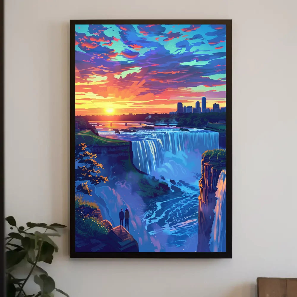 Majestic Waterfall Sunset with City Skyline Poster
