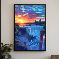 Majestic Waterfall Sunset with City Skyline Poster