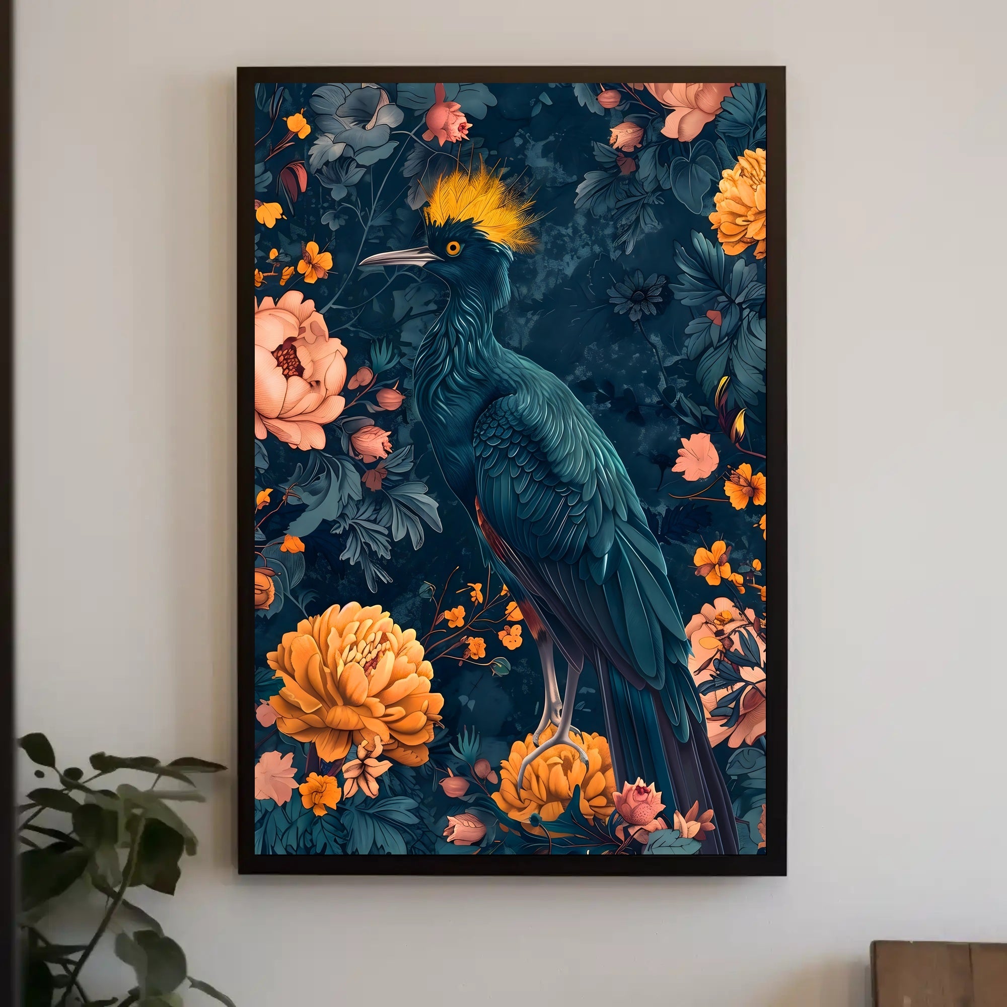 Vibrant Blue Bird with Floral Lush Animal Poster