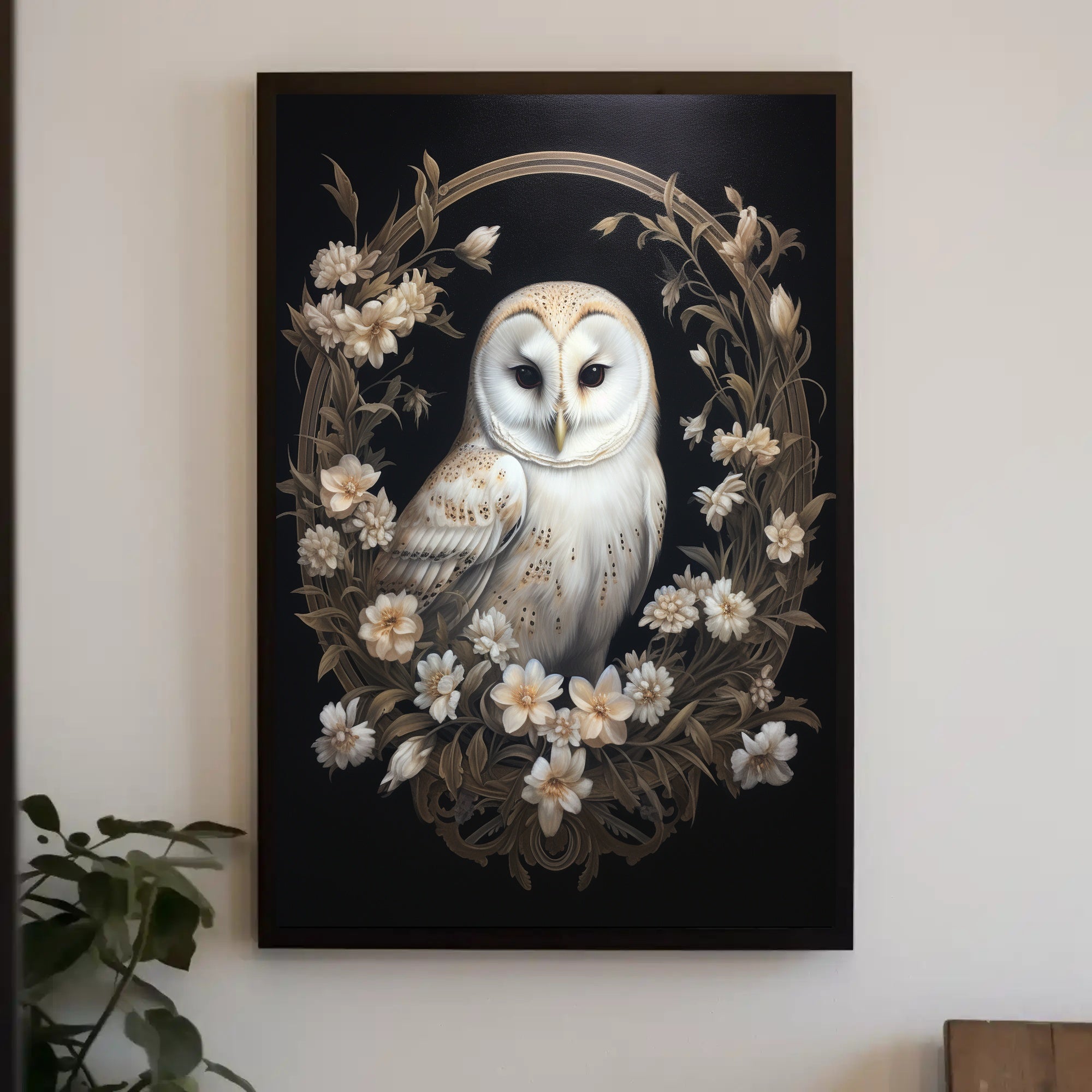 Barn Owl and Floral Wreath Animal Poster