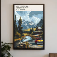 Scenic Yellowstone: Vintage Truck and Rustic Cabin Poster