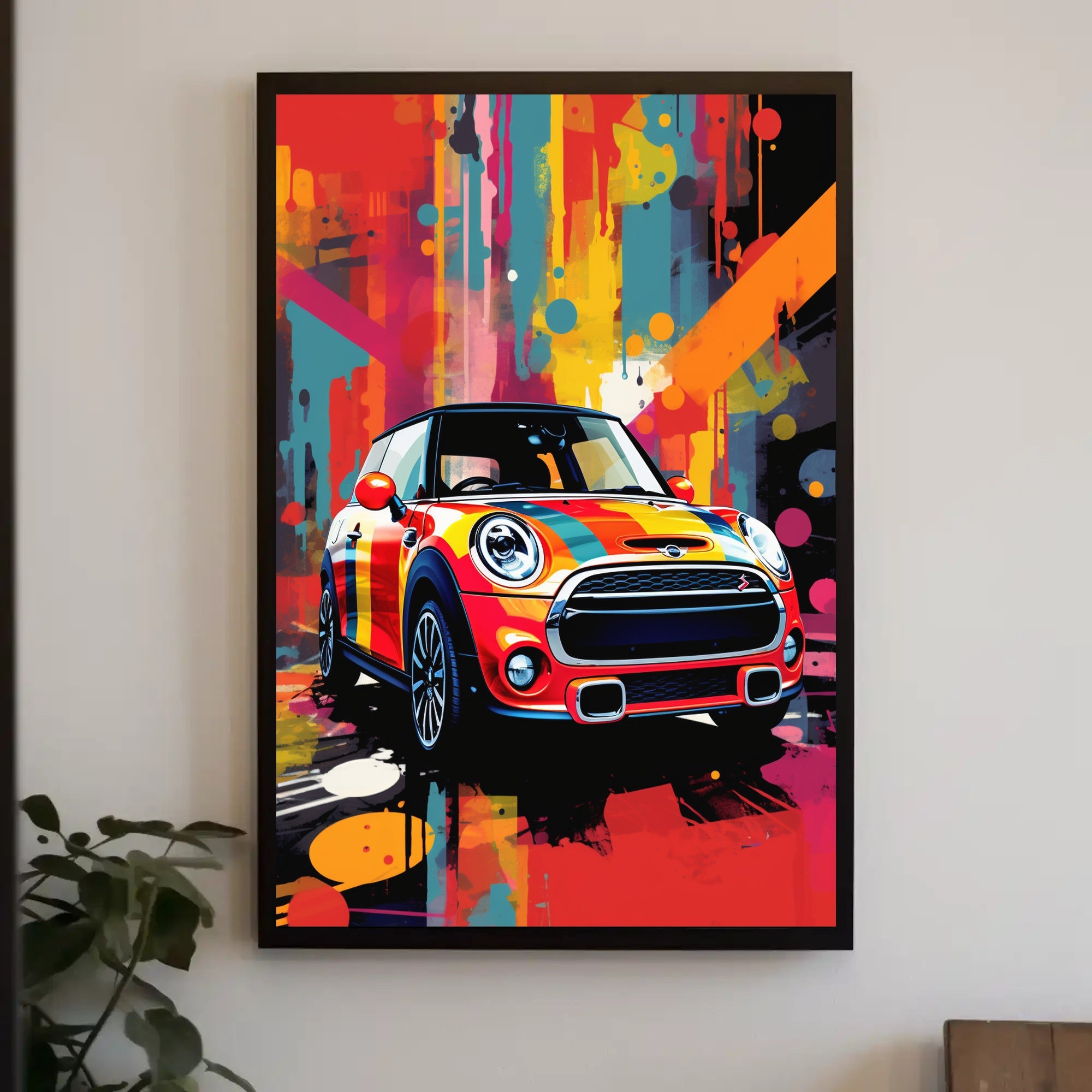 Vibrant Abstract Art Poster with Mini Cooper Illustration