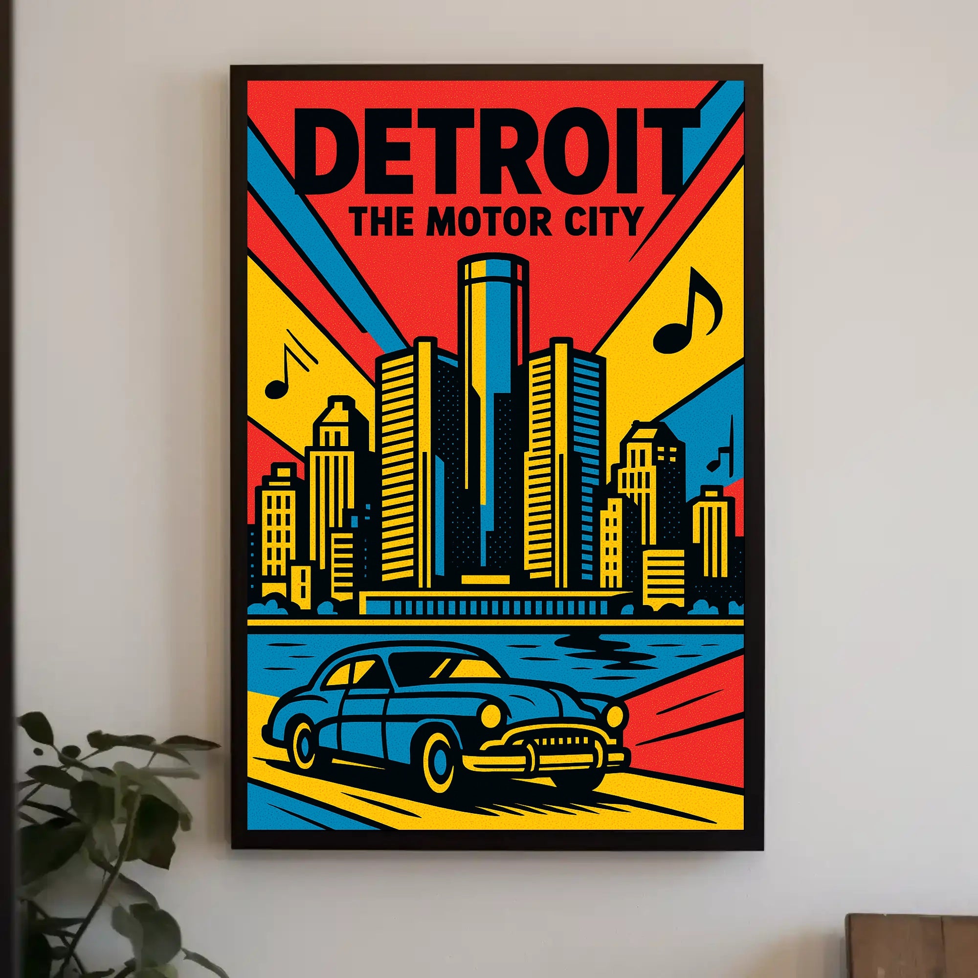 Detroit Skyline Classic Car Vibrant Urban Cityscape Poster