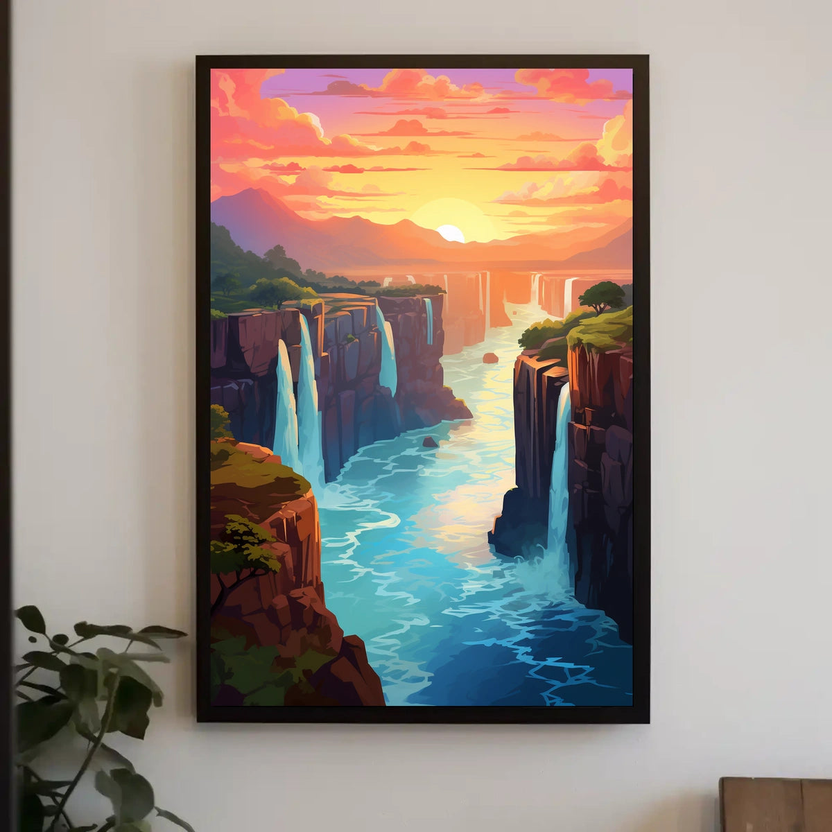 Majestic Waterfalls At Sunset Poster