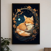 Moonlit Serenity Fox Autumn Leaves Digital Painting Poster
