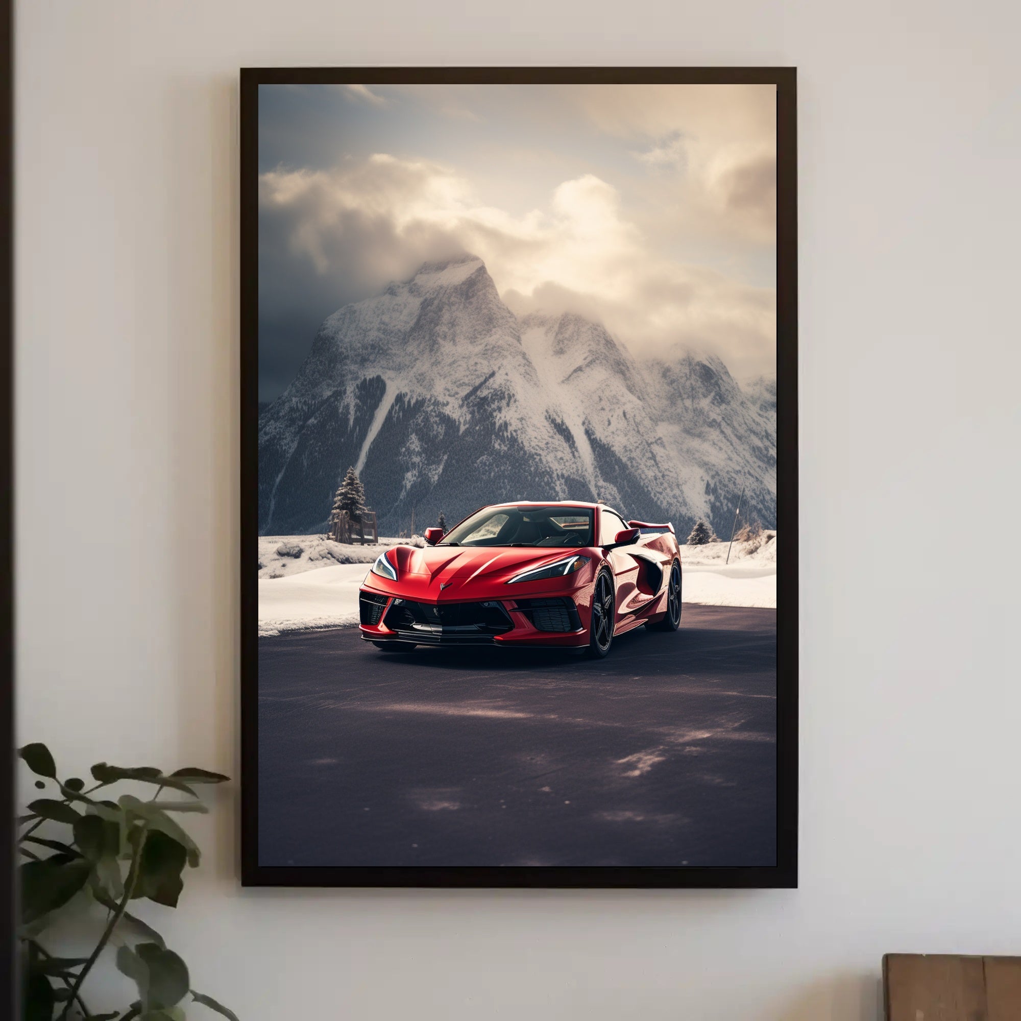 Sleek Red Sports Car in Alpine Landscape Poster PosterGoat
