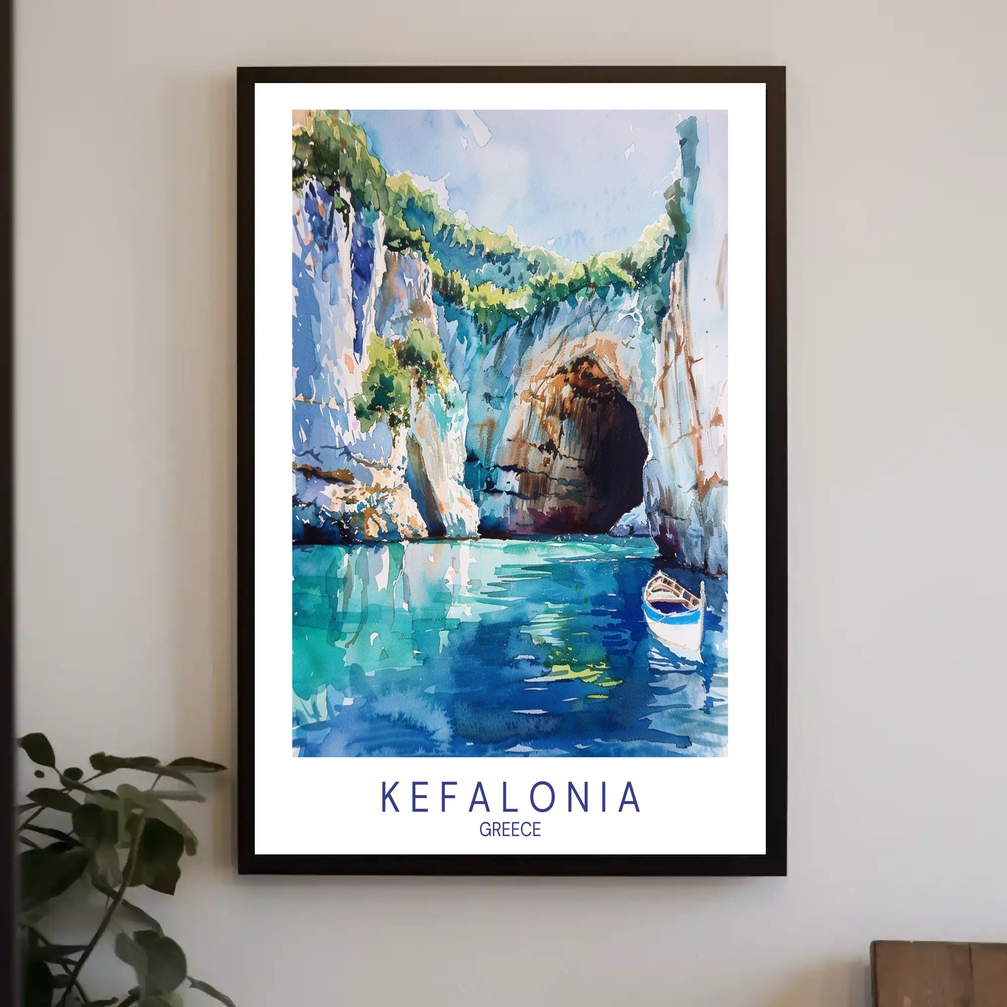 Vibrant Kefalonia Coastal Scene Watercolor - Travel Poster PosterGoat