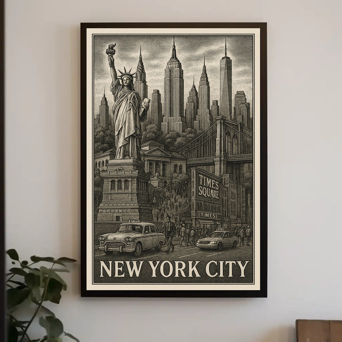 New York City Landmarks Engraved Poster Vintage Wall Art