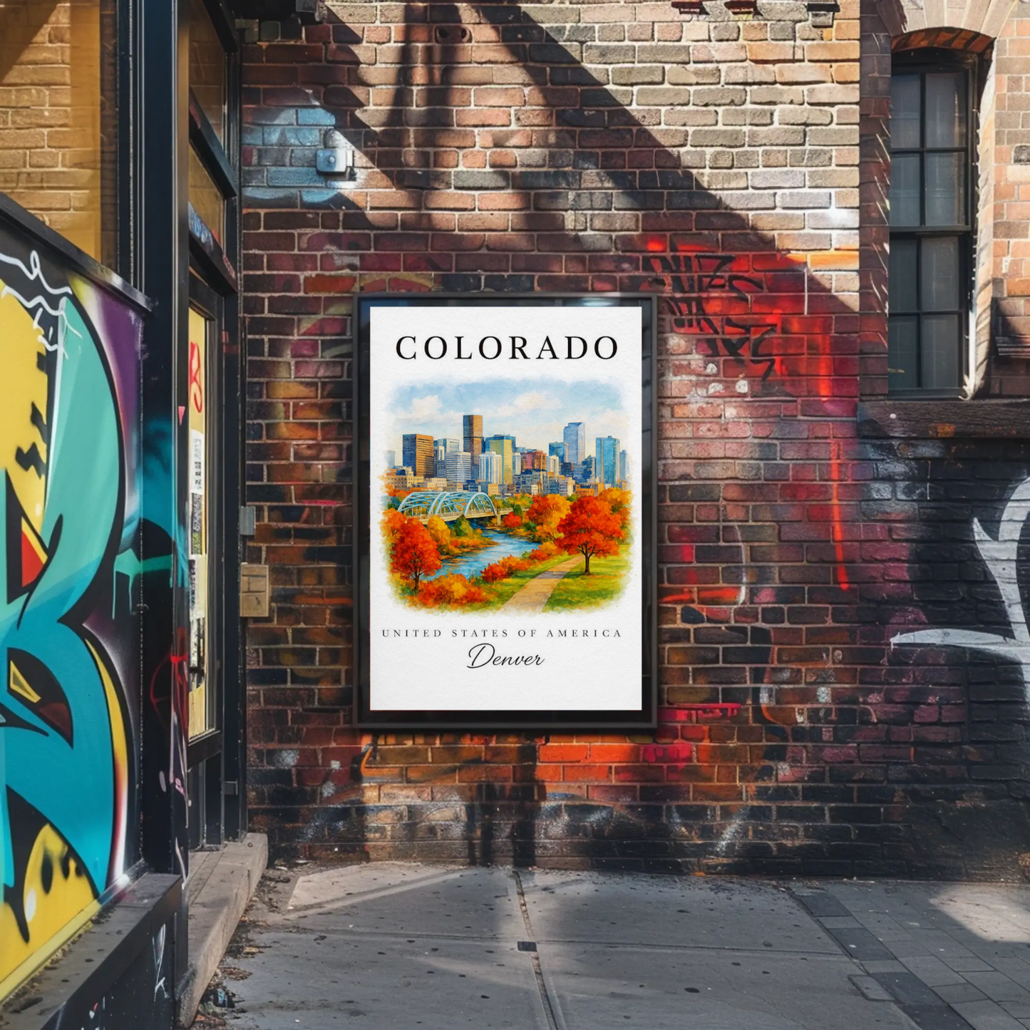 Denver Skyline Autumn Path River Travel Poster