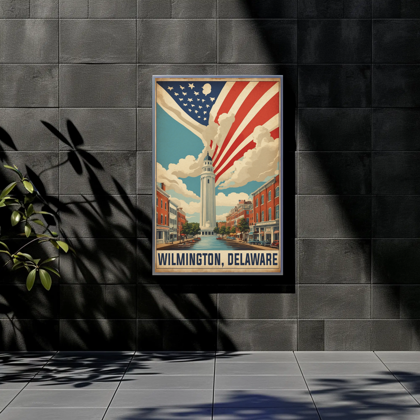 Wilmington Delaware Tower And Flag Streetscape Vintage Travel Poster