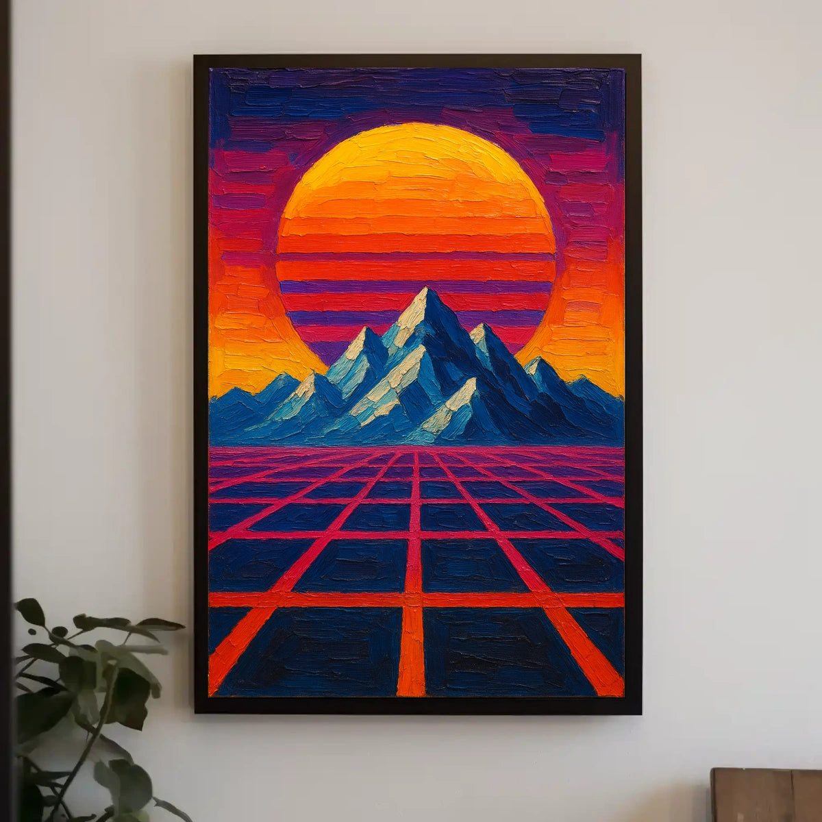 Retro-Futuristic Mountainscape: Vibrant Visionary Sci-Fi Poster