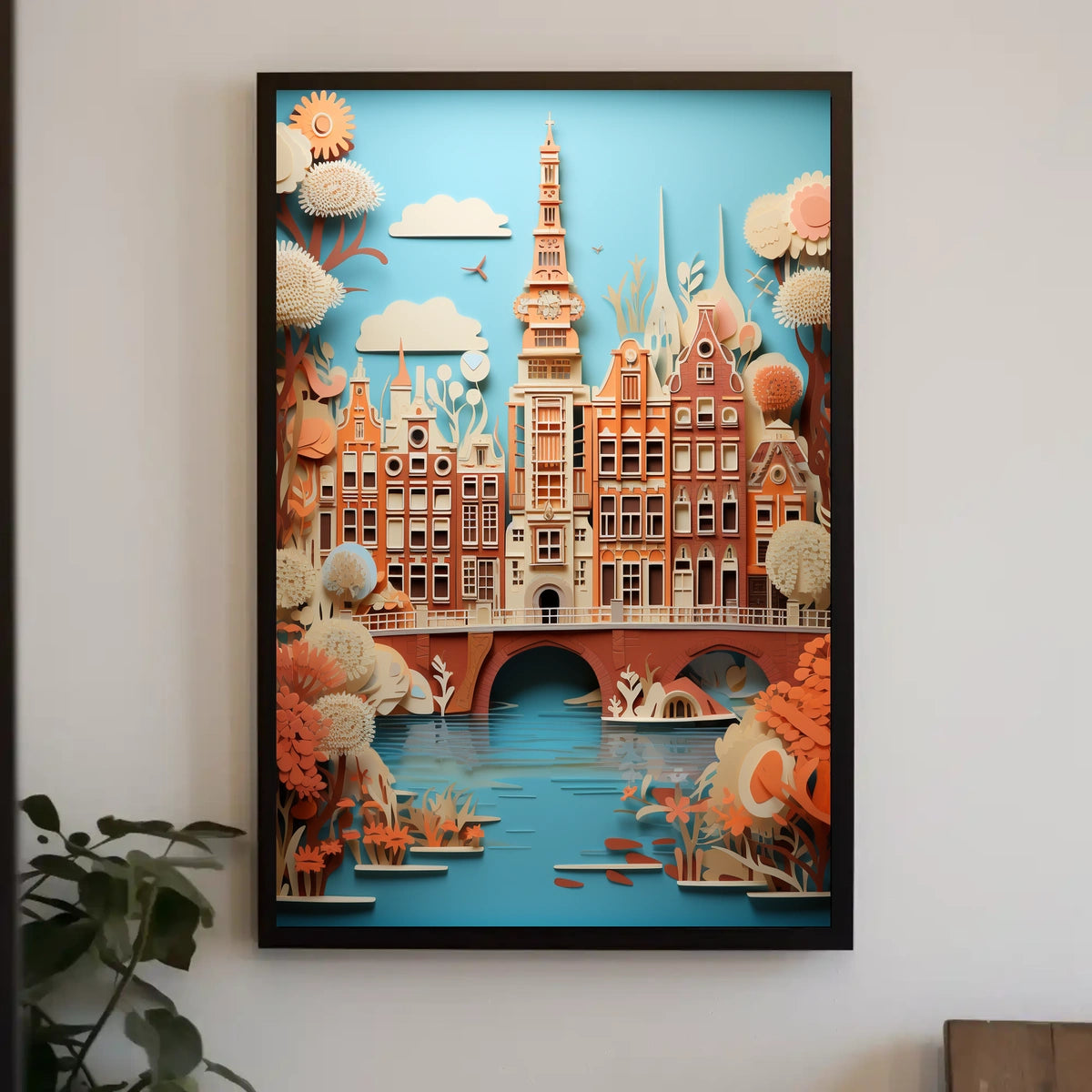 Amsterdam Canal Bridge Scene with Whimsical Urban or Cityscape Poster