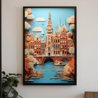 Amsterdam Canal Bridge Scene with Whimsical Urban or Cityscape Poster